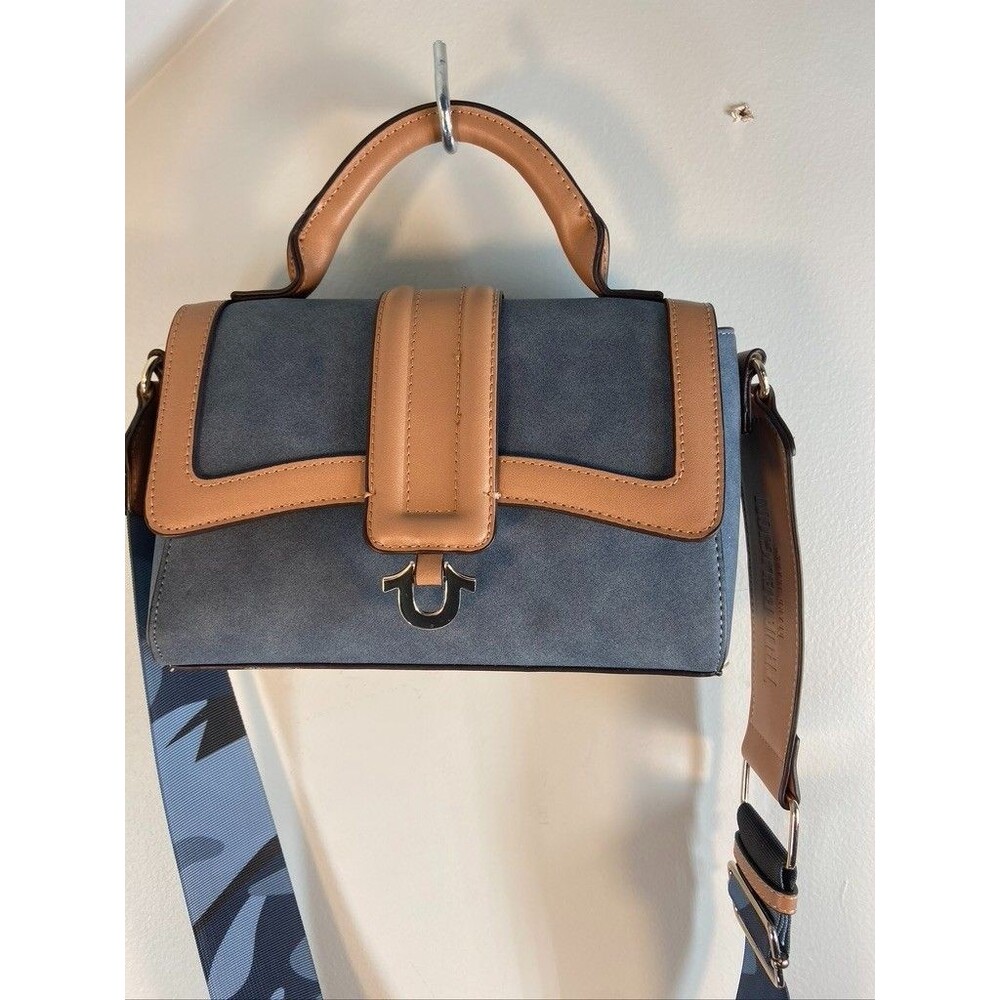 TRUE RELIGION WOMENS SACHEL CROSSBODY PURSE CAMO STRAP BLUE SUEDE BAG 9 X 6